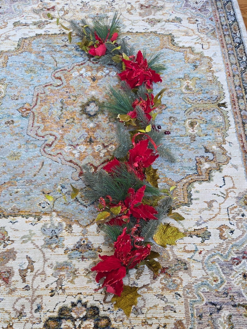 Hobby Lobby Red Poinsettia and Green Pine Holiday Garland with Gold Leaves